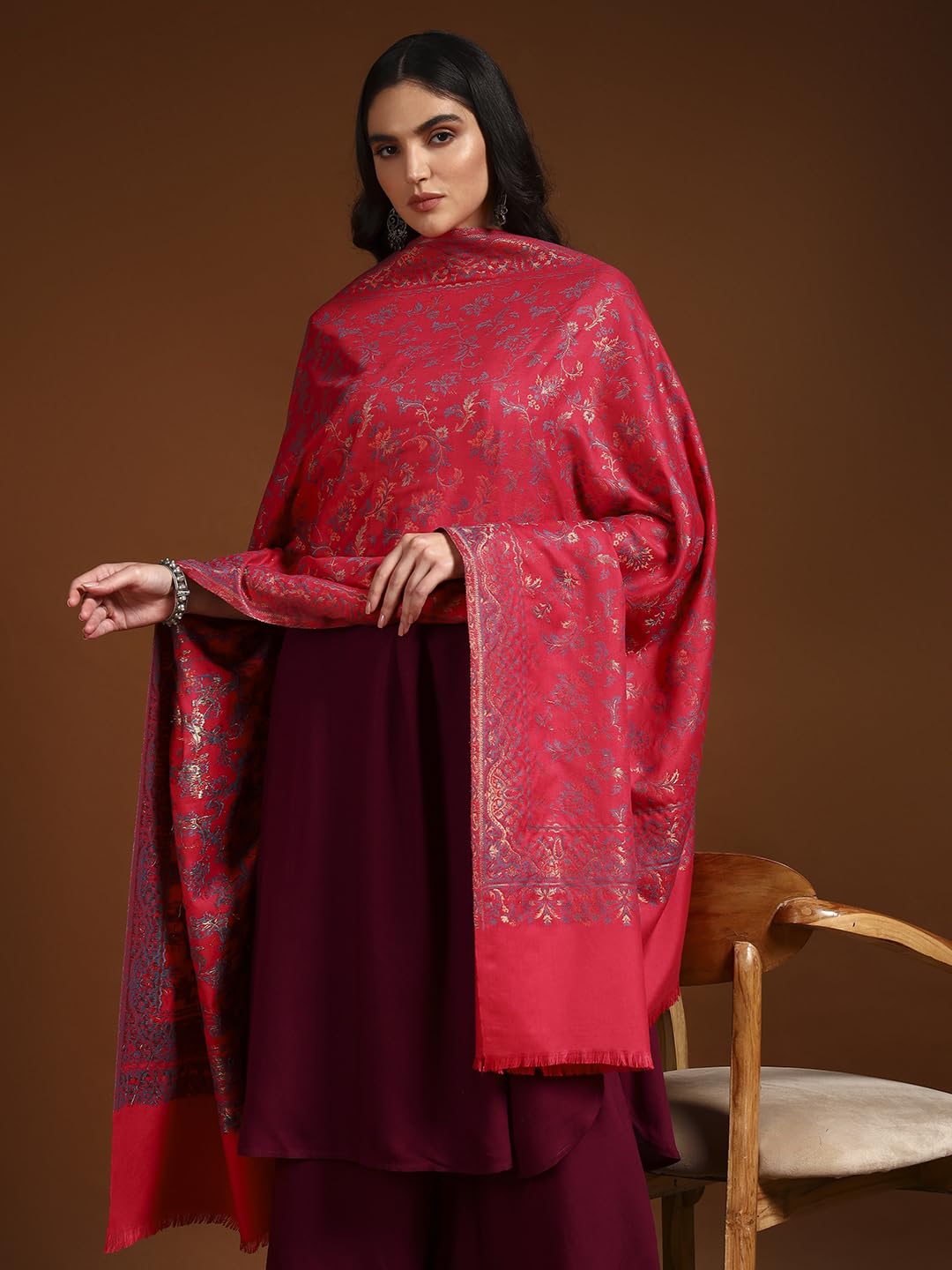 Pashmoda Women Aabroo Kashmiri Jamawar Woven Shawl, Kaani Jacquard Shawls, Stoles, Wraps, Luxury Pashmina Evening Wrap (Size: 40X80 Inches, Pink Color) SECS58