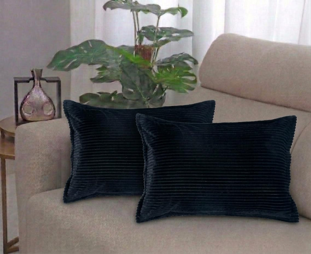 RD TREND® Corduroy Cushion Cover Set of 2, Striped Double Sided Decorative Throw Pillowcases for Sofa, Bed & Living Room Rectangular Long Cushion Covers 18x28 inches | Black