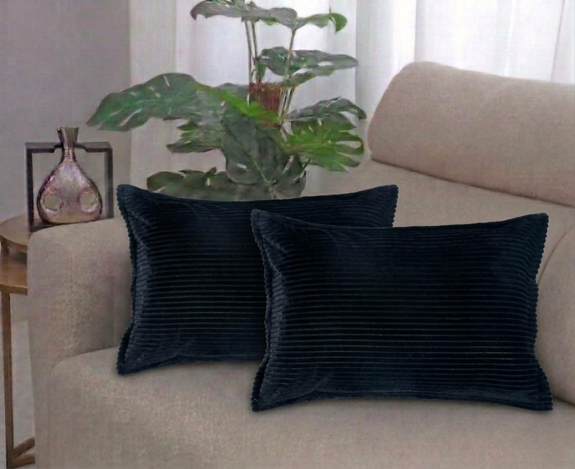 RD TREND® Corduroy Cushion Cover Set of 2, Striped Double Sided Decorative Throw Pillowcases for Sofa, Bed & Living Room Rectangular Long Cushion Covers 18x28 inches | Black