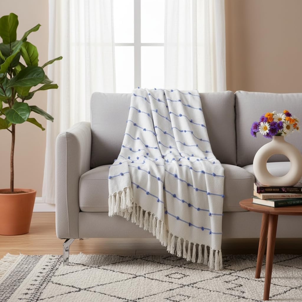 Tarantaran Home Hand-Knitted 100% Cotton Sofa Throw Blanket | All-Season Throw for Sofa, Bed, Couch, Chair & Travel | 80×52 Inches (204×132 cm) | Beige & Blue Kafalo