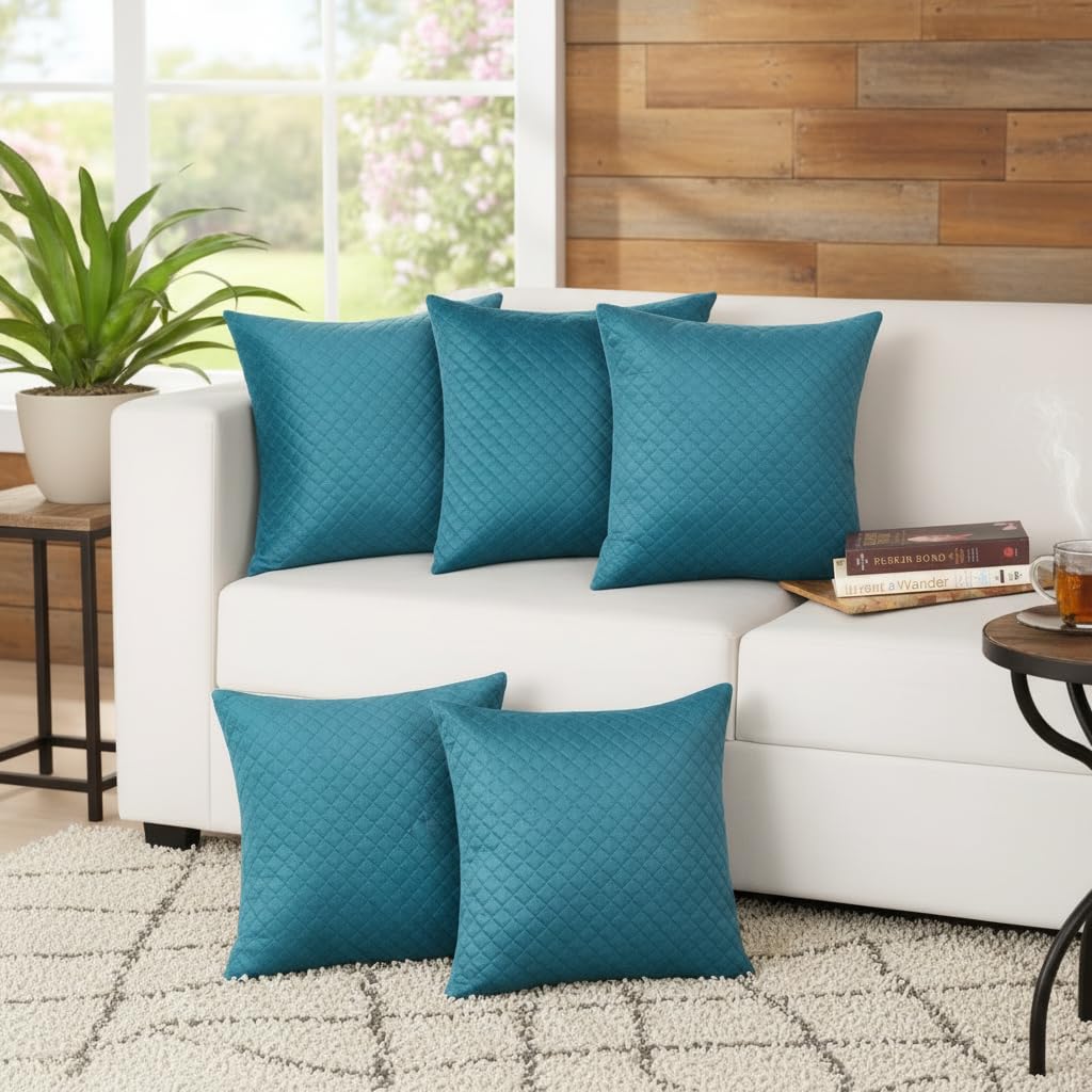 STITCHNEST Quilted Velvet Cushion Covers Set of 5 | Soft Luxury | 12x12 Inches | Premium Sofa & Living Room Décor