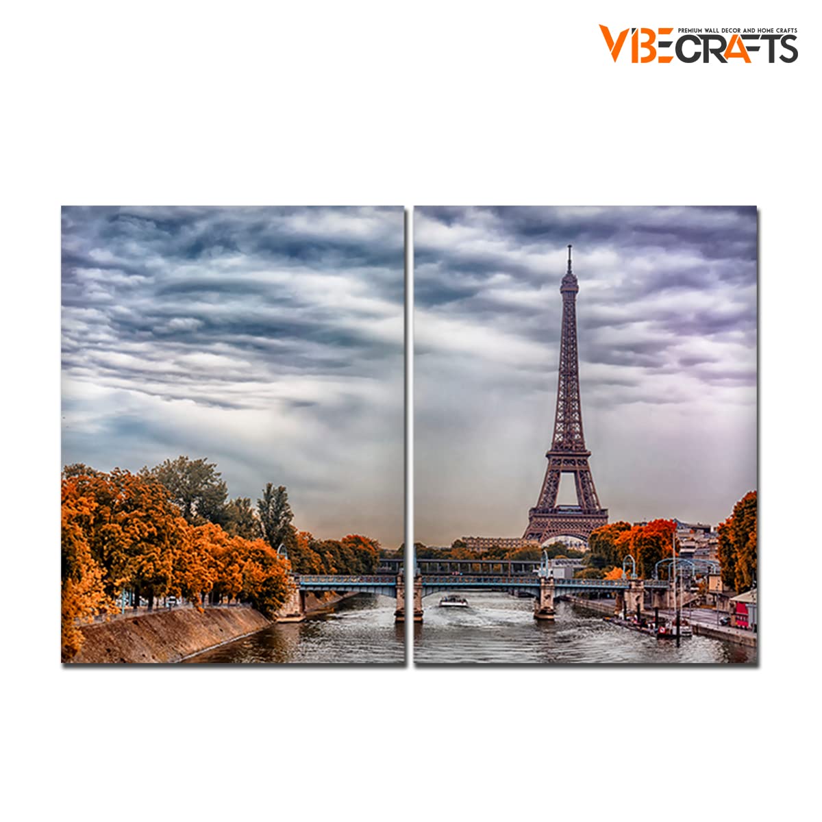 VIBECRAFTS Eiffel Tower And Seine River 2 Pieces Canvas Wall Painting Fitted With Wooden Frame For Home | Office | Living Room | Gifts(PTVC2Pcs1_17504)
