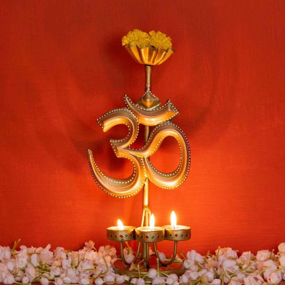 ATRANGI STUDIO Om Iron Tealight Holder | Handcrafted Festive Decor | Designer Tealight Candle Holder | Hold 3 tealight Candles | Perfect for Pooja Shelf, Side Table & Gifting | 13 Inch