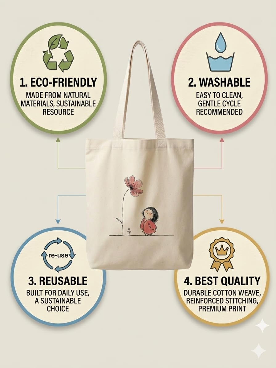 Minimalist Girl & Flower Printed Canvas Tote Bag for Women | 16x14 Inch Cotton Shoulder Bag | Aesthetic Reusable Handbag for College, Office & Shopping