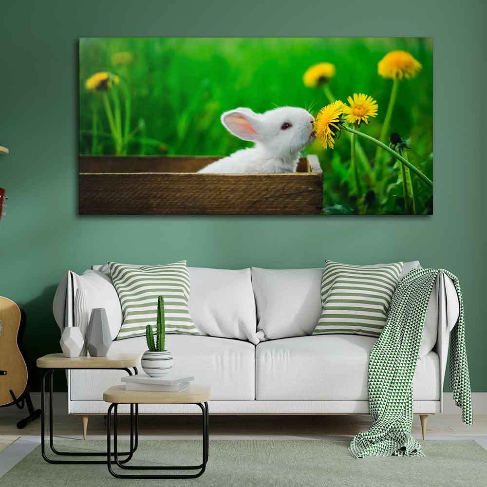 VIBECRAFTS Canvas Paintings for Living Room Drawing Room White Bunny In Yellow Flowers Garden Canvas Wall Painting Wall Painting Fitted with Wooden Frame for Home | Office | Gift (PTVCH_2317)