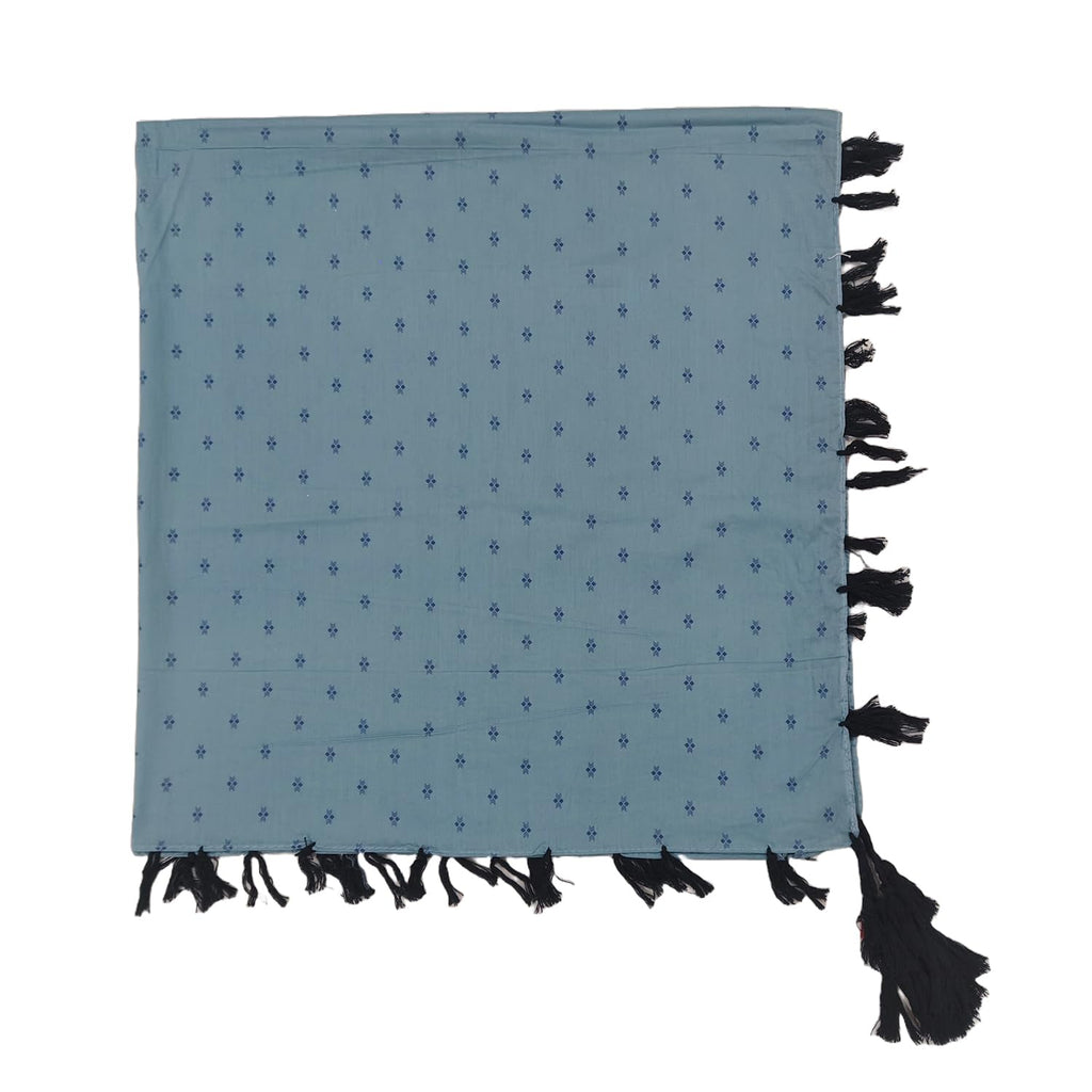 PRACWAL Cotton Scarf, Blue Printed Pattern with Tassels, Plain Casual Style, 100x100 cm