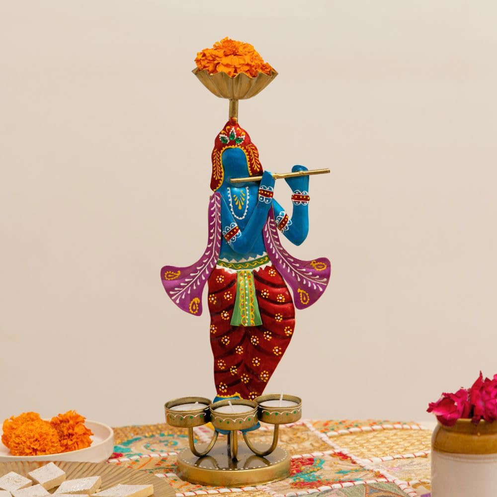 ATRANGI STUDIO Krishna Iron Tealight Holder | Handcrafted Festive Decor | Designer Tealight Candle Holder | Hold 3 tealight Candles | Perfect for Pooja Shelf, Side Table & Gifting | 13 Inch
