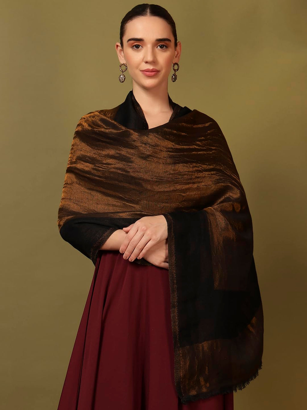 Pashmoda Women Midnight Bronze Reversible Zari Moonlight Fine Wool Stole (Size : 28x80in, 71X203cm) ZSST04
