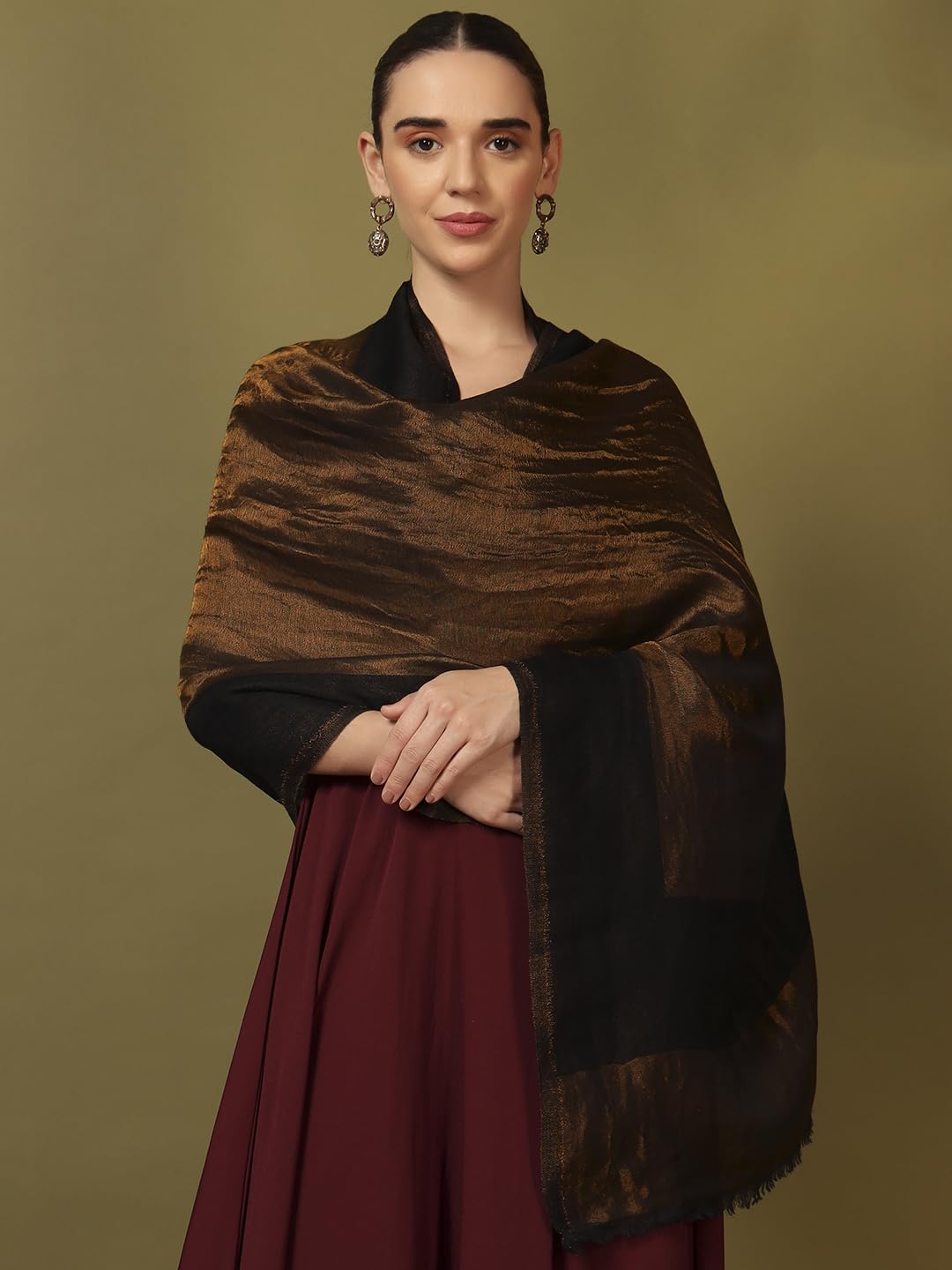 Pashmoda Women Midnight Bronze Reversible Zari Moonlight Fine Wool Stole (Size : 28x80in, 71X203cm) ZSST04