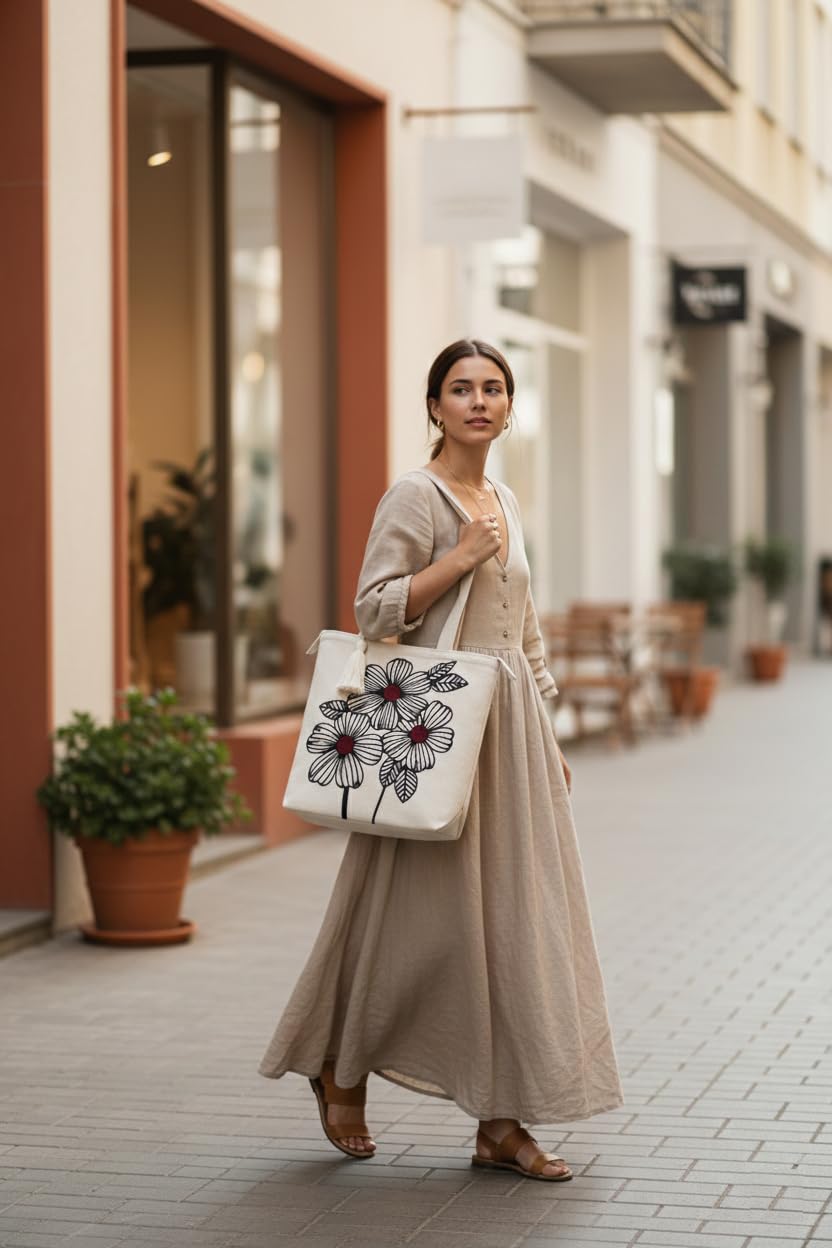 OLL OO LA LA BEAUTY Canvas Tote Bag for Women | Tote Bag | Pinterest Shoulder Bag | Cotton Shoulder Bag | Boho Tote Bags | Casual Daily Use Handbag for Office, College, Shopping & Travel - DGSN-04