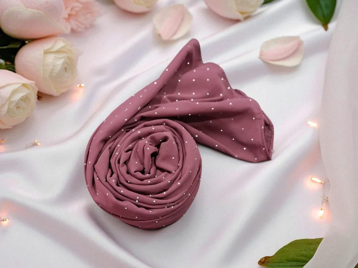 Premium Rhinestone Hijab | Korean Georgette | 70 x 30 Inch | Sparkle Scarf for Women | Soft & Lightweight Fabric (DARK TEA PINK)