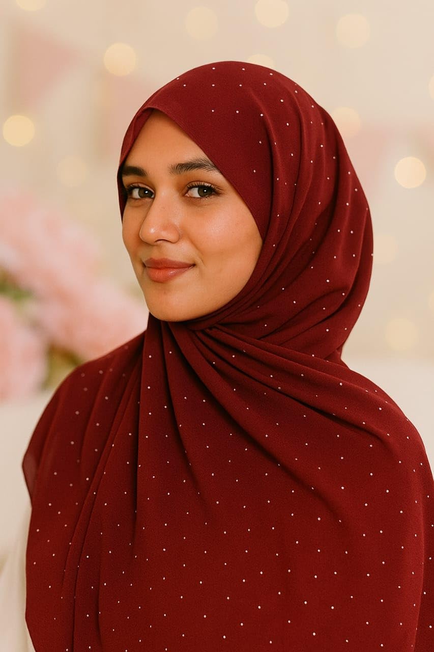Premium Rhinestone Hijab | Korean Georgette | 70 x 30 Inch | Sparkle Scarf for Women | Soft & Lightweight Fabric (MAROON)
