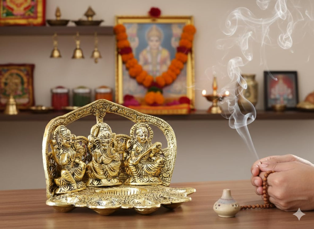 Kridaykraft Metal Laxmi Ganesha Saraswati Idol with 5 Oil Lamp Diya - Religious Murti for Home Decor, Puja, and Diwali Gifting (21 cm, 650g, Antique Gold Finish)
