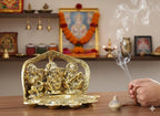 Kridaykraft Metal Laxmi Ganesha Saraswati Idol with 5 Oil Lamp Diya - Religious Murti for Home Decor, Puja, and Diwali Gifting (21 cm, 650g, Antique Gold Finish)