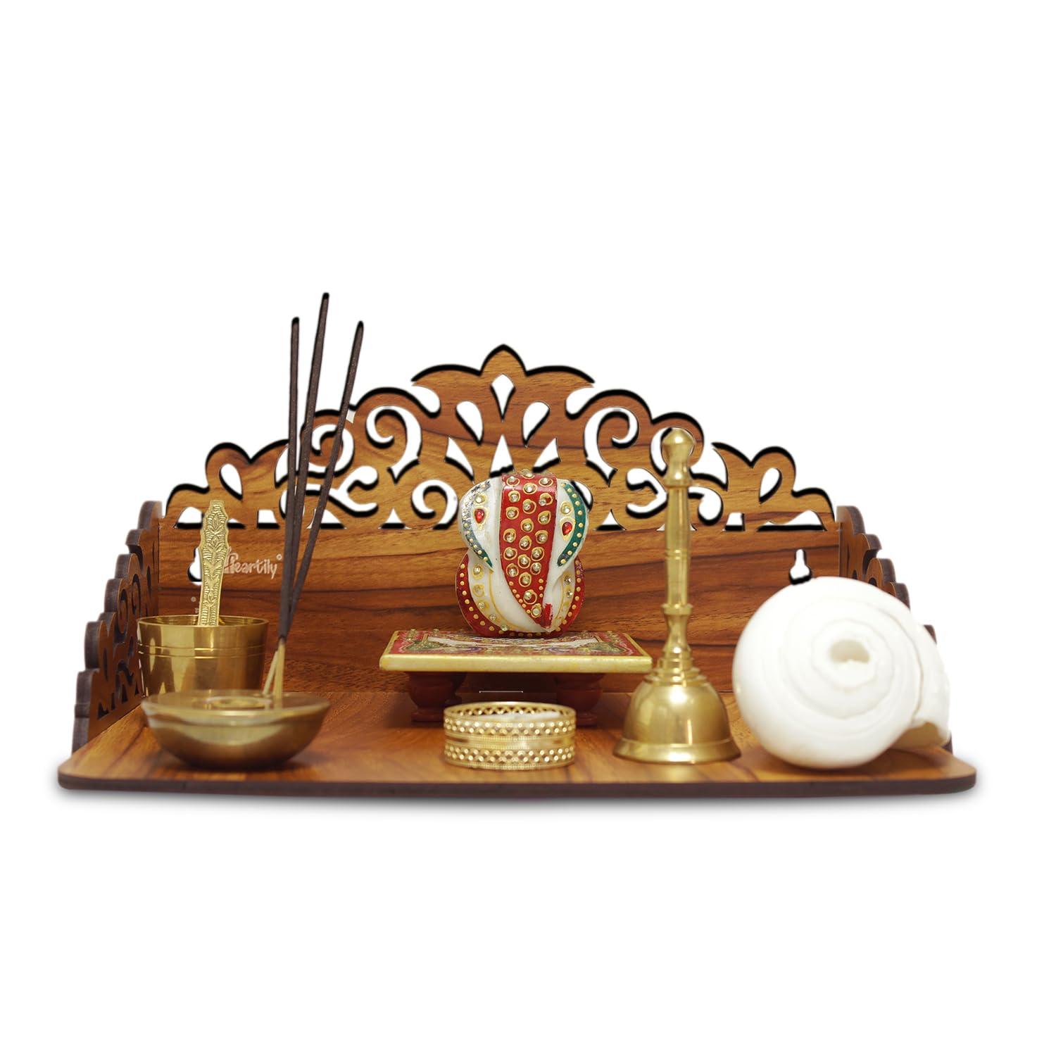 Heartily® : Rudra Wall Mounted Wooden Home Pooja Temple Mandir Puja Room Items Stand Home Decor Office Chowki Shelf Hanging Product (Height- 6.25, Length- 12, Width-9.0 Inch) (Brown), Religious