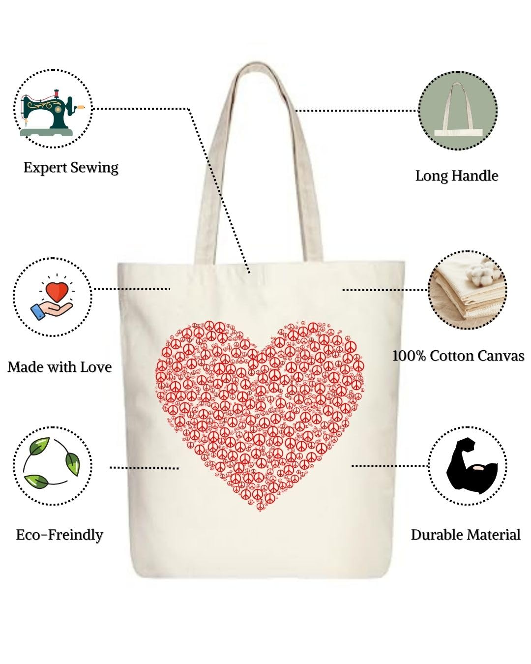 Stylxeco Tote Bag Gift Set - Unisex Cotton Canvas Bag & Pouch for Boys Girls, Peace Heart Design, School Shopping Combo, 35x40cm (PeacHeart)