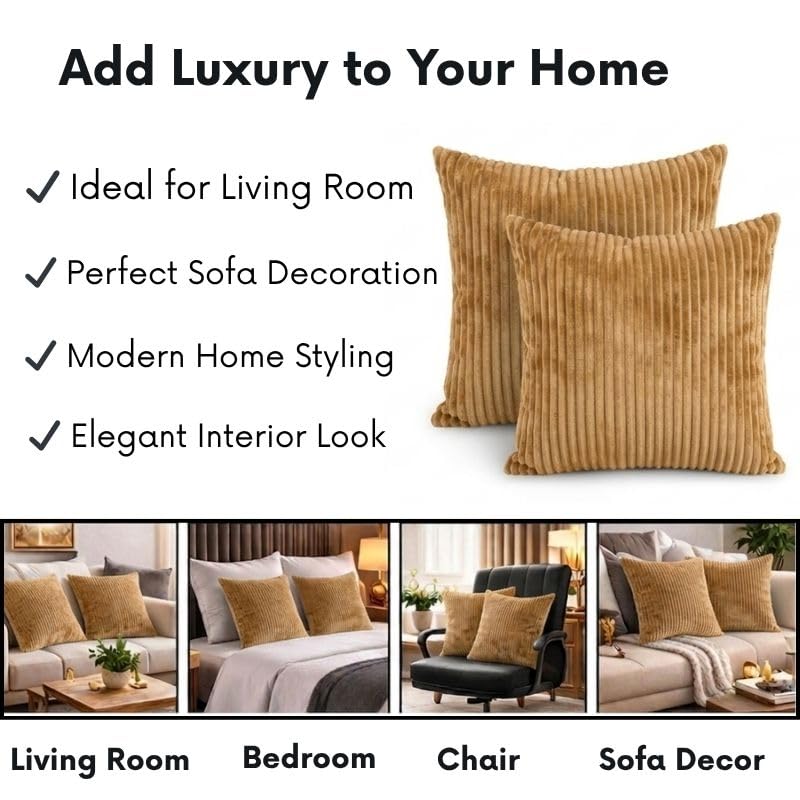 RD TREND® Cushion Cover Set of 2, Decorative Sofa Living Room Home Square Cushion Covers 16 Inch x 16 Inch, Aesthetic Corduroy Striped Double Sided (Mustard)