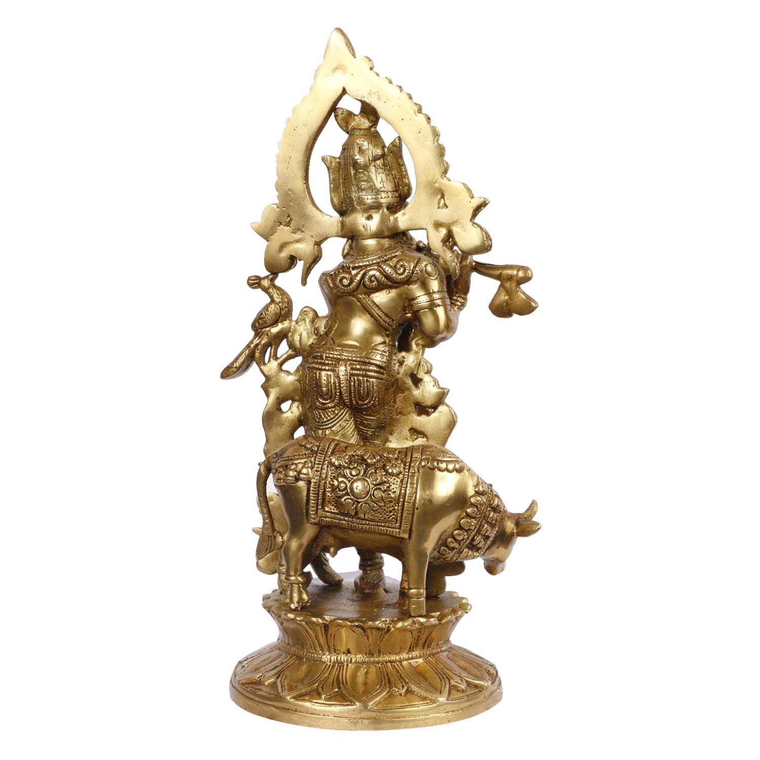Svarup Brass Shri Krishna Idol with Cow Kishan Bhagwan Murti Lord Krishna Cow Statue with Flute Big Size Height 12 Inch Weight 3.2 Kg Color Gold