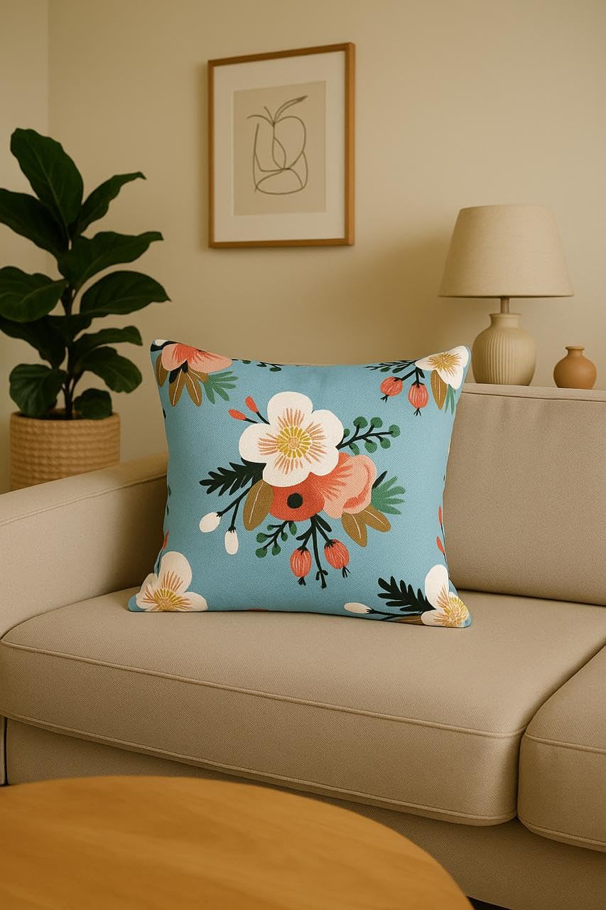 AMAZE ATTIRES Velvet Cushion Cover 24x24 Inch – Set of 7 Decorative Throw Pillow Covers for Sofa, Couch or Bed – Designer Printed Square Cushion Covers – Home Decor (Blue Floral)