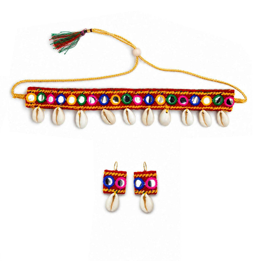 Buyent ® Handmade Mirror Work Cowrie Shell Choker Necklace with Matching Earrings | Traditional Gujarati Garba Navratri Jewellery Set | Ethnic Tribal Boho Fashion Accessories for Women & Girls