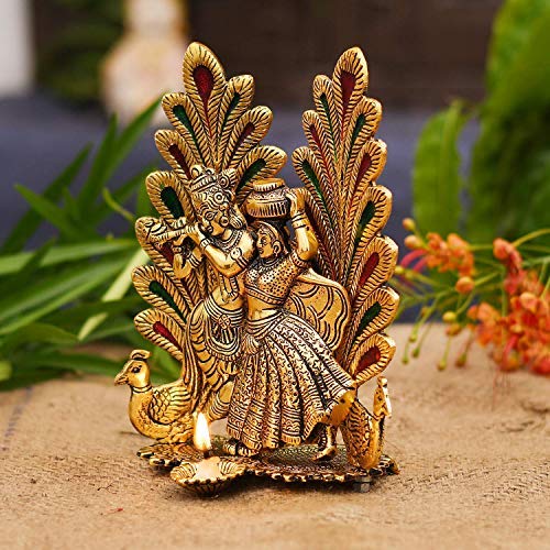 Prince Home Decor & Gifts Golden Oxidized Radha Krishna Statue with Diya and Dancing Peacock in Background