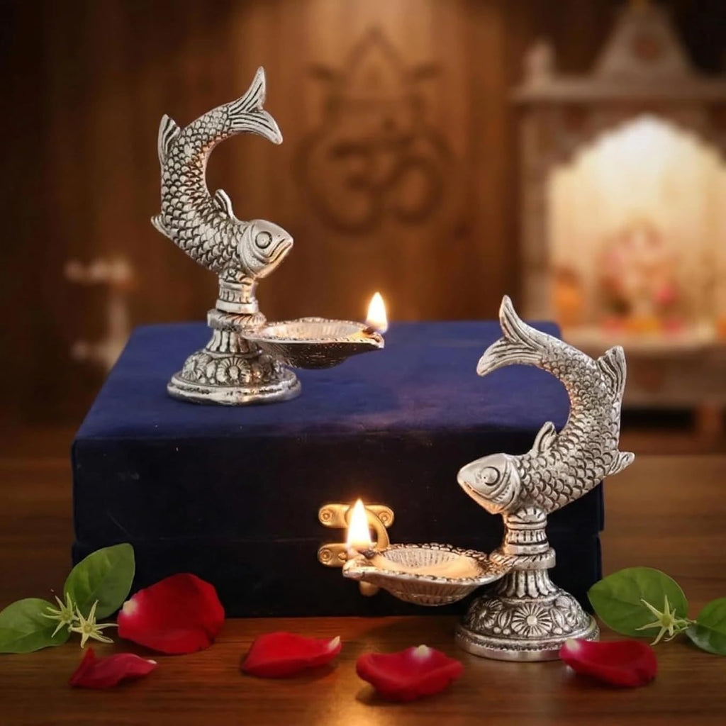 Fish Shape Diya Set, Silver, Metal, 12 cm Height, Traditional Oil Lamp for Puja and Home Decor, Set of 2