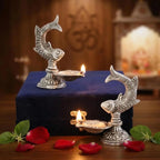 Fish Shape Diya Set, Silver, Metal, 12 cm Height, Traditional Oil Lamp for Puja and Home Decor, Set of 2