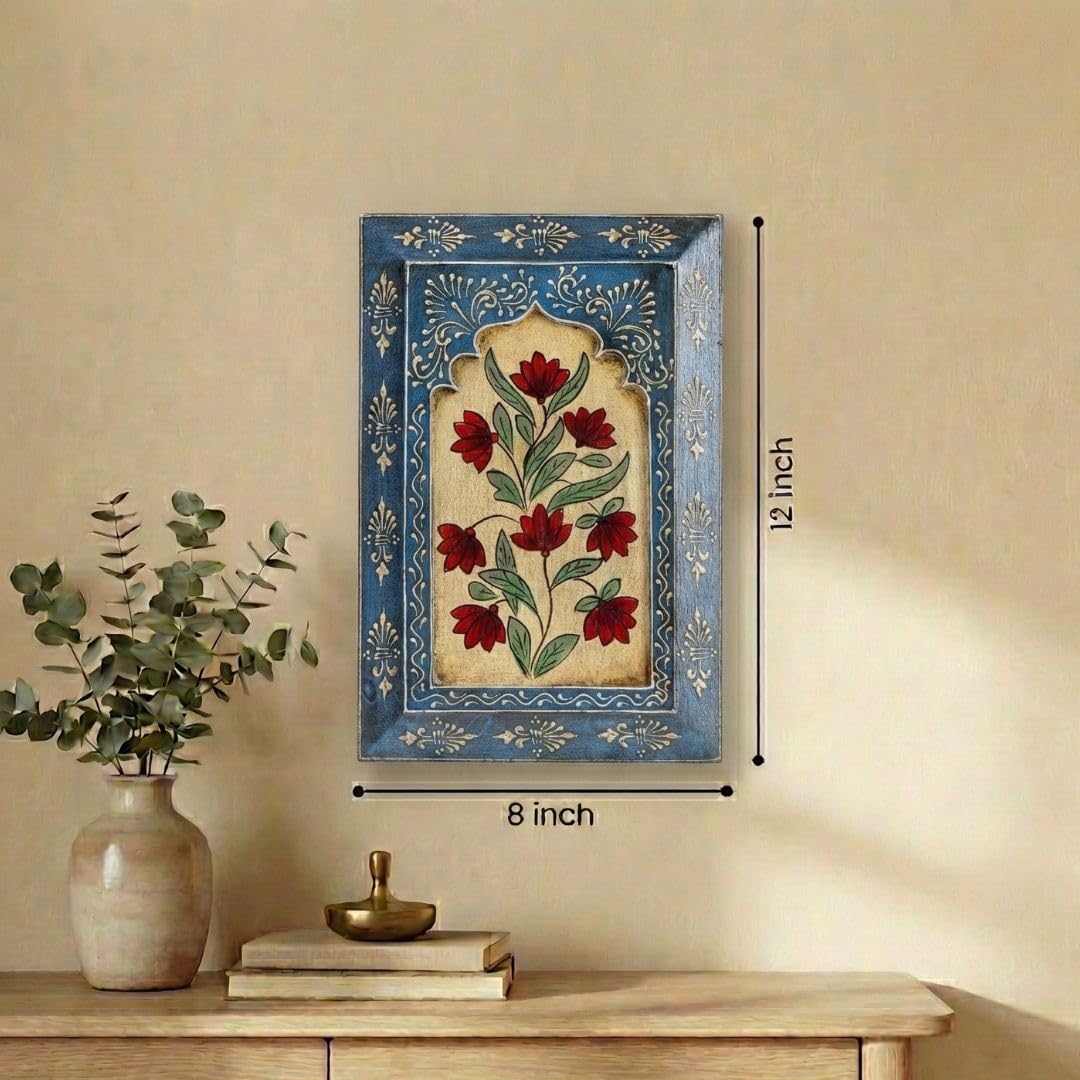 ATRANGI STUDIO Handpainted Wooden Wall Frame | Rajasthani Traditional Craft | Decorative Floral Wall Hanging Art for Living room, Bedroom, Office | 12×8 Inch, Blue