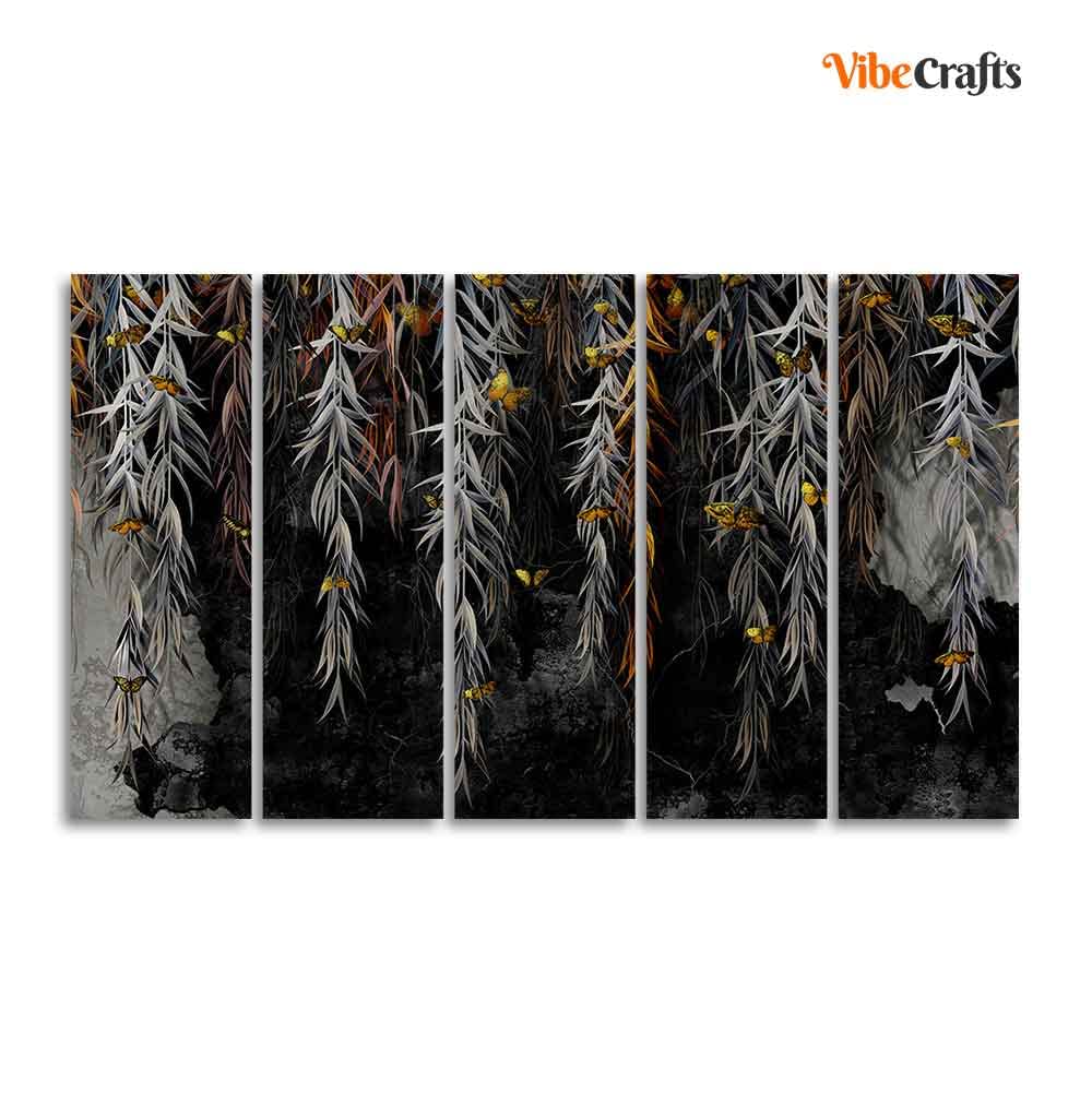 VIBECRAFTS Willow Branches with Gold Butterflies Wall Painting of Five Pieces For Home|Office|Living Room|Gift (PTVC5Pcs4_8723)