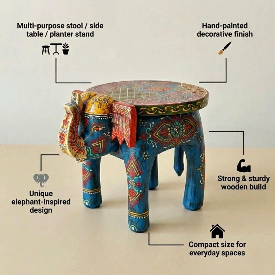 ATRANGI STUDIO Blue Handpainted Wooden Elephant Stool Cum Showpiece | Mango Wood Traditional Multipurpose Stool for Living Room Decor & Mandir | Perfect for Plant Stand | 8x8x10 inch
