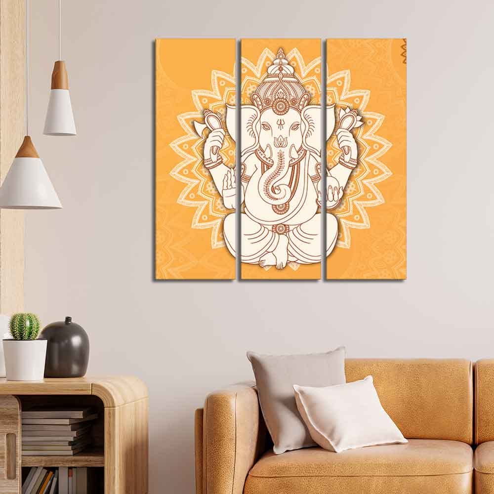 VIBECRAFTS 3 Pieces Shree Ganesh Ji Canvas Wall Painting Fitted With Wooden Frame For Home | Office | Living Room | Gifts (PTVC3Pcs1_9579)