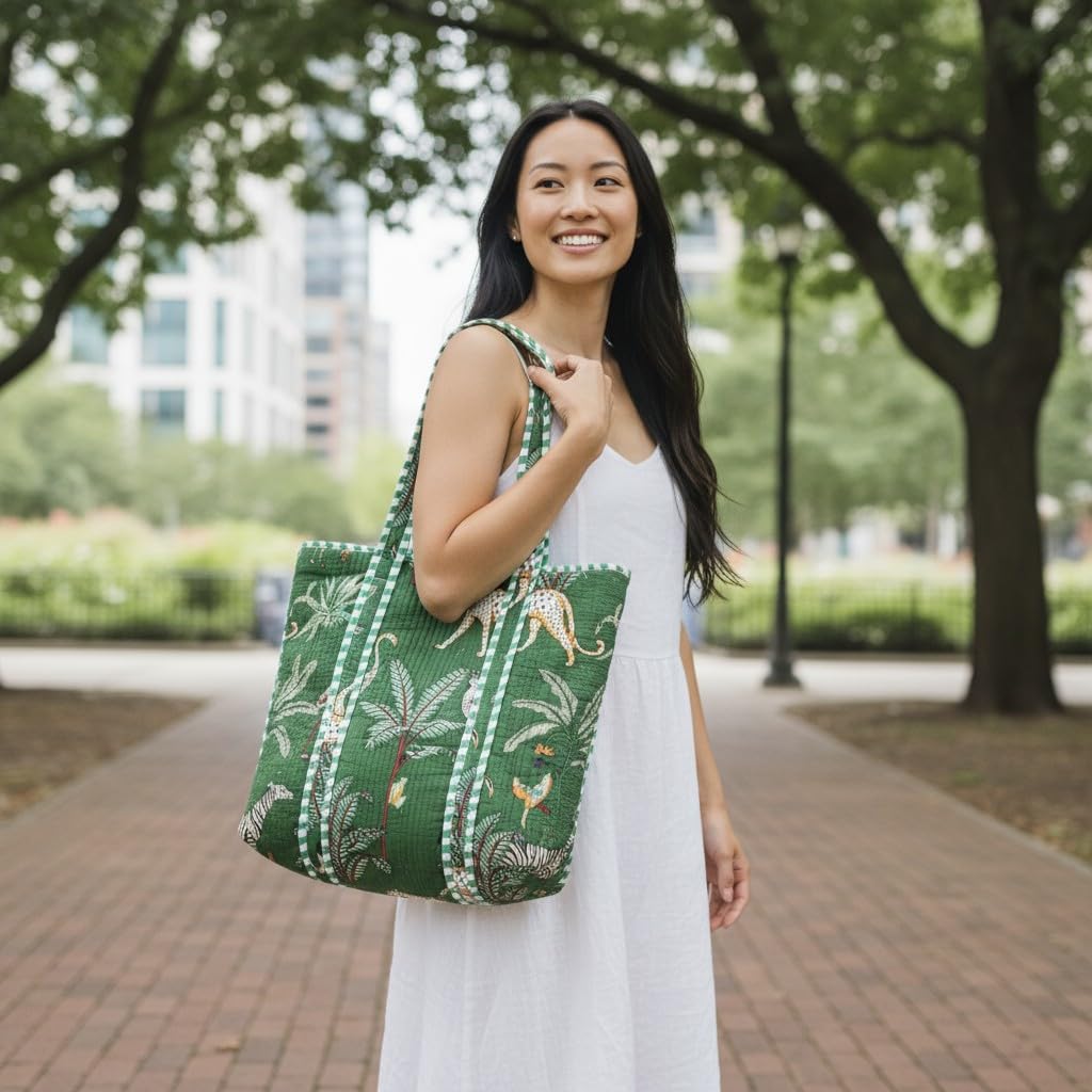 Cotton Quilted Tote Bag for Women, Jungle Print Handbag, Reusable Shoulder Bag with Dual Handles, Lightweight Travel Shopping Tote, Large Capacity Everyday Carry Bag- (Green bag, 15×15 In)