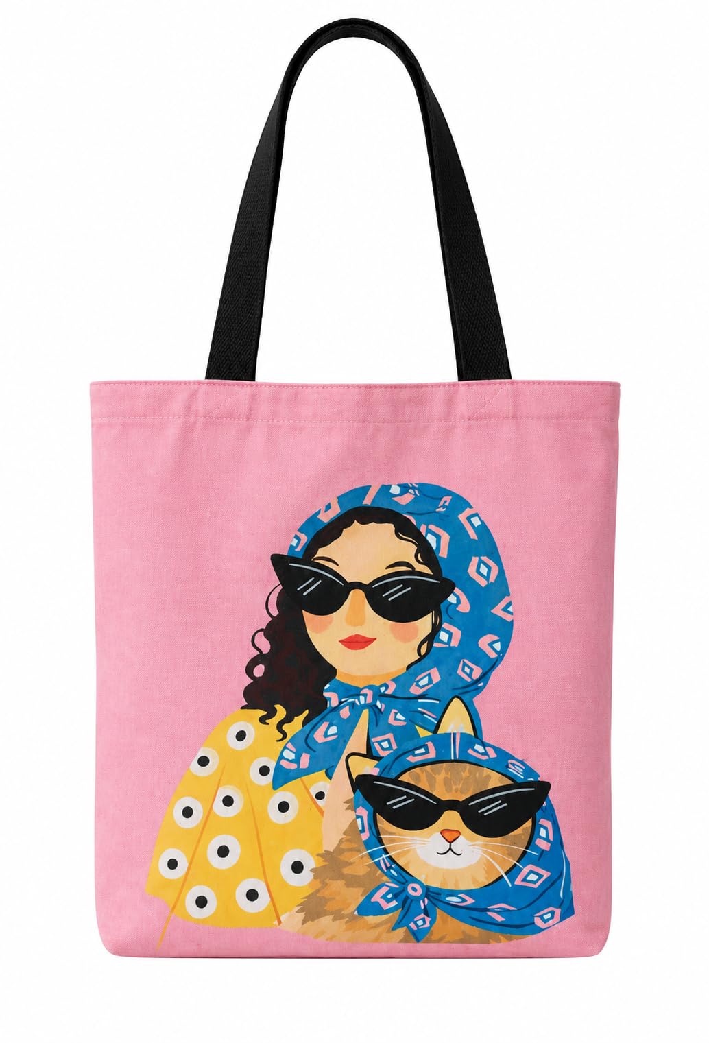THE SACK CO. Large Canvas Tote Bag for Women, Tote Handbags for Women with Zipper & for College, Shopping, Office (tsc-girl and cat with headscarves)