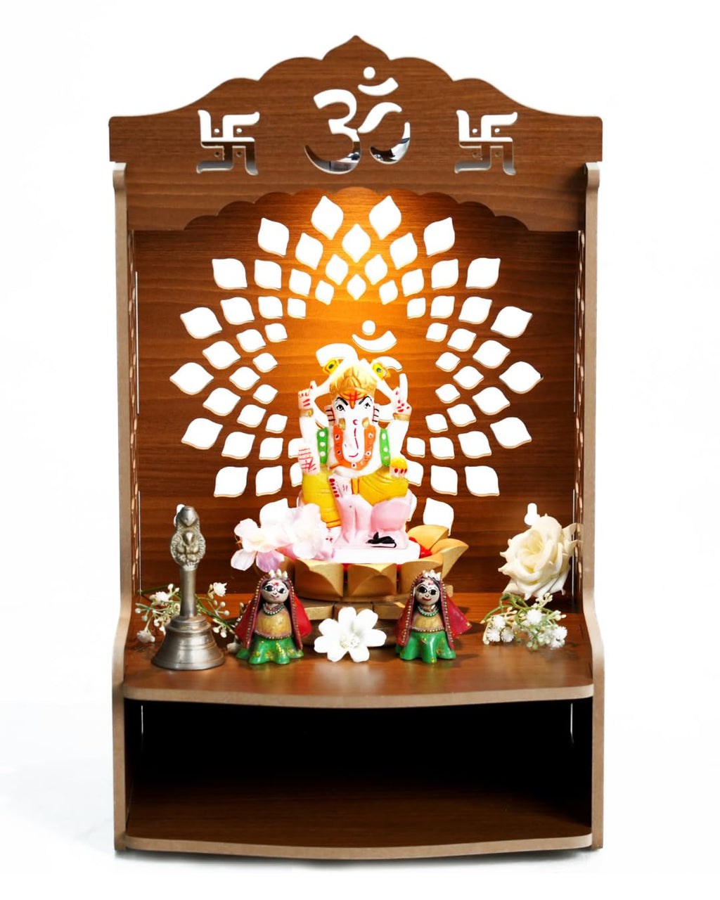 PIXELCRAFTS Folding Wooden wall Mounted Temple/mandir for Home and Office(Size – H 15.5X L 11.5 x W 10.5 inch) (Brown 3)