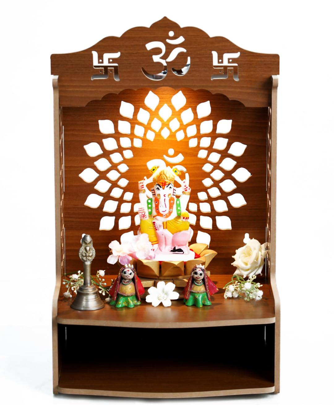 PIXELCRAFTS Folding Wooden wall Mounted Temple/mandir for Home and Office(Size – H 15.5X L 11.5 x W 10.5 inch) (Brown 3)