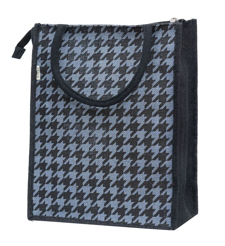 JUTEKA Teal Blue Houndstooth Printed Jute Lunch Bag - Grocery, Tote, Hand, Picnic Bag for Men, Women, Girls, Kids with Zip