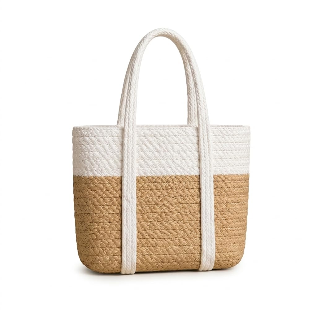 Loom & Luster Handwoven Jute Tote Bag Dual Tone Summer Shoulder Bag | Lightweight Eco-Friendly Handbag for girls and woman (Beige & white)