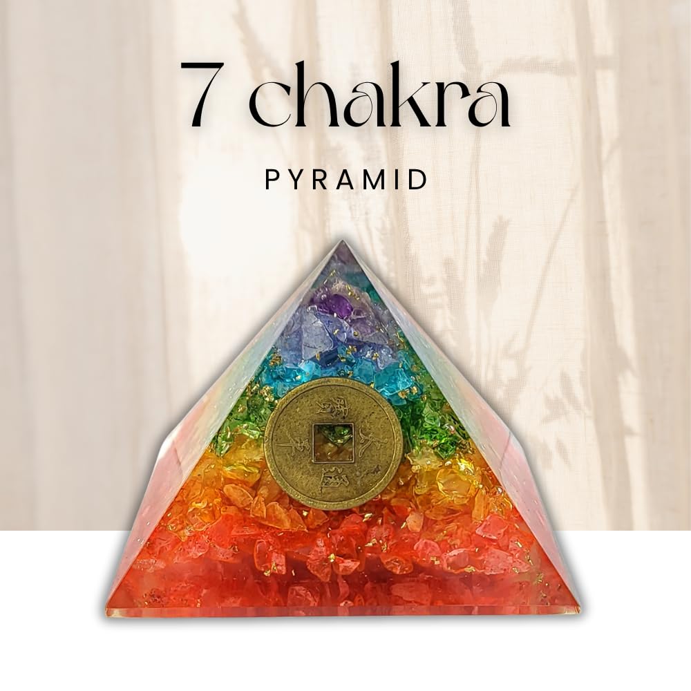 CALMINDS 7 Chakra Crystal Pyramid for Positive Energy, Natural Healing Crystal Pyramid with Feng Shui Coin, Reiki Charged Vastu Decor for Home Office Meditation Yoga Gift
