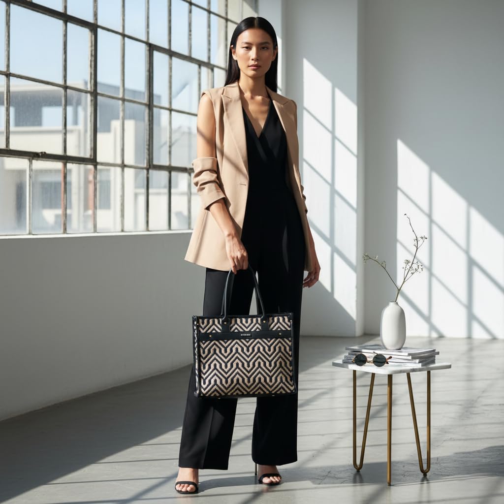 ENSAC Tote Bag with Ethnic Prints – Canvas Handbag with Zip Pouch, Stylish Laptop Tote for Office, College & Everyday Use