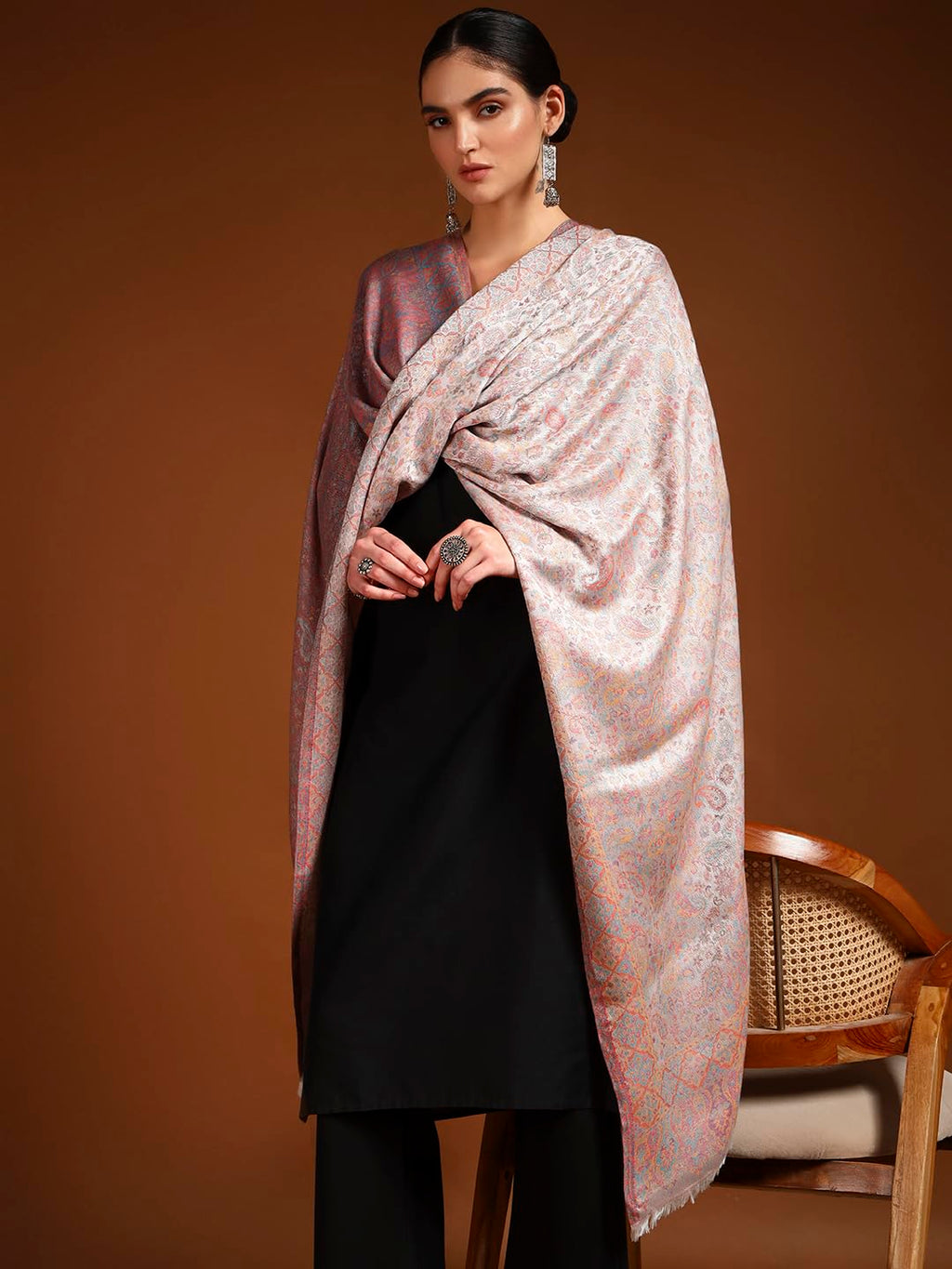 Pashmoda Women Chandni Kaani Stole, Authentic Kashmiri Luxury Pashmina Style Shawl, Stole, (Size 28x80 Inches, White Color) MAVST07