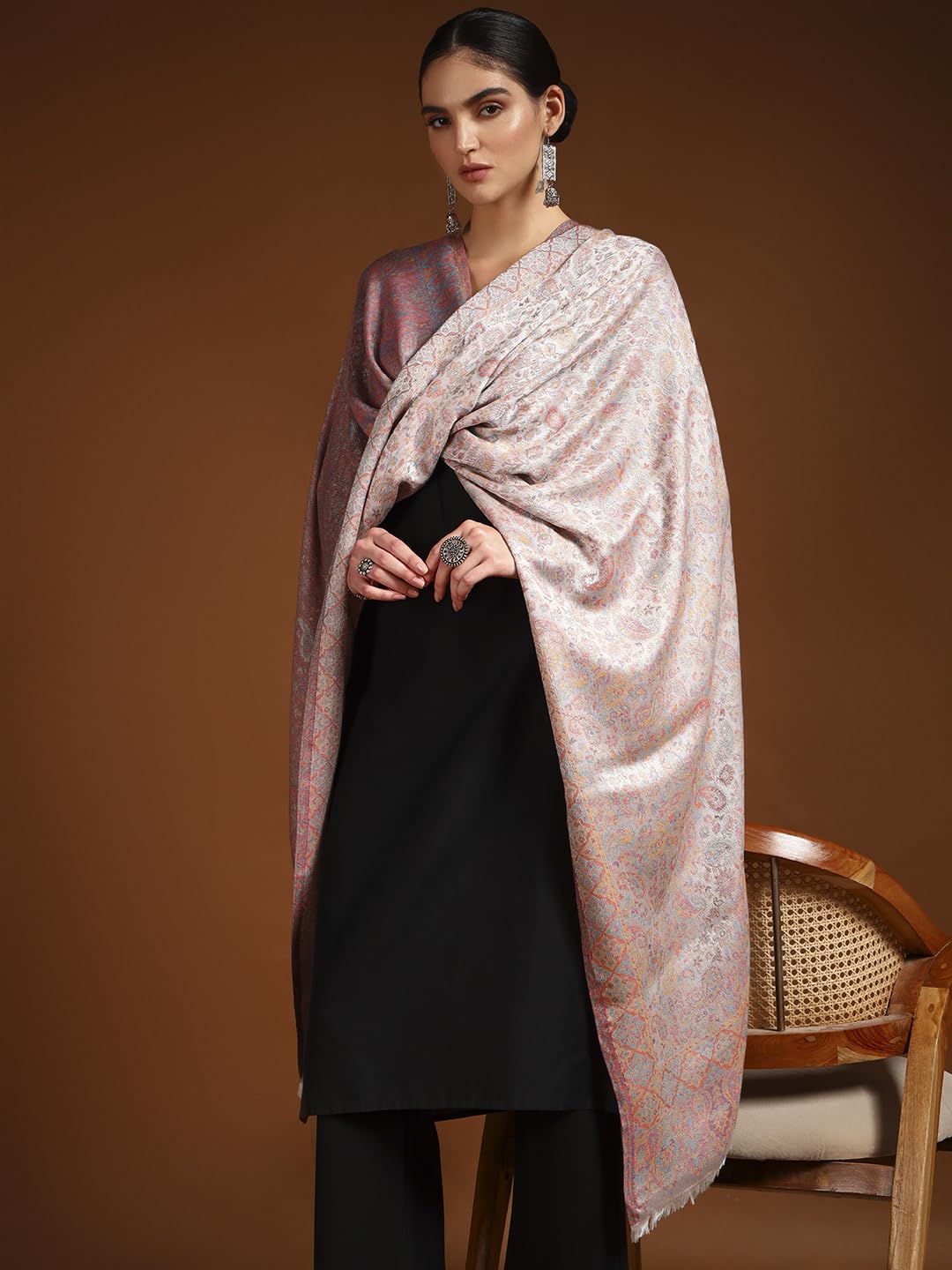 Pashmoda Women Chandni Kaani Stole, Authentic Kashmiri Luxury Pashmina Style Shawl, Stole, (Size 28x80 Inches, White Color) MAVST07