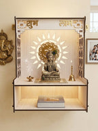GOJEEVA KRAFT Beautiful Wooden Pooja Stand for Home, Temple, Office, Wall Mounted Puja Mandir with LED Spot Light Size (L- 29 CM, W- 25 CM, H - 37.5 CM)