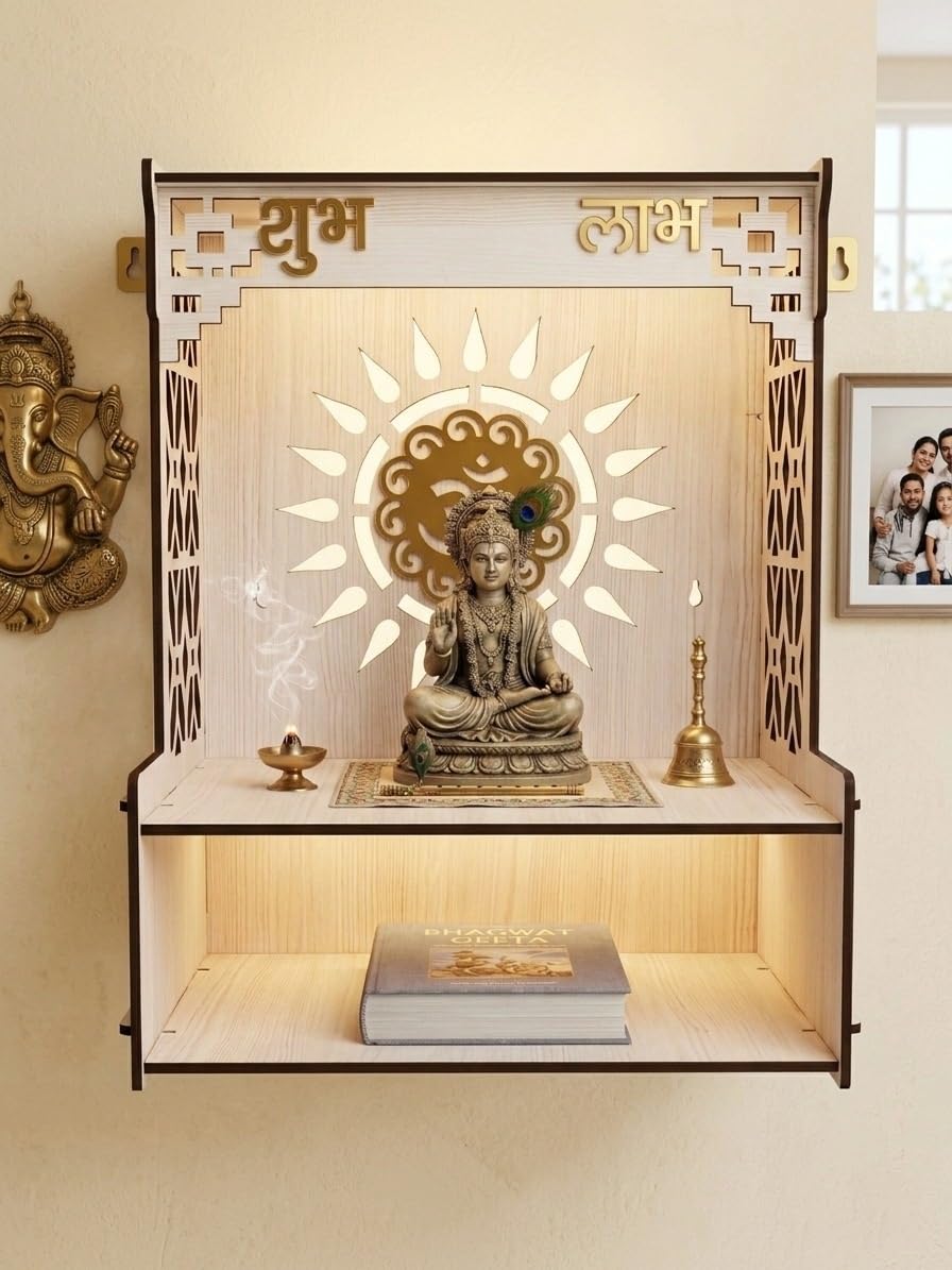 GOJEEVA KRAFT Beautiful Wooden Pooja Stand for Home, Temple, Office, Wall Mounted Puja Mandir with LED Spot Light Size (L- 29 CM, W- 25 CM, H - 37.5 CM)