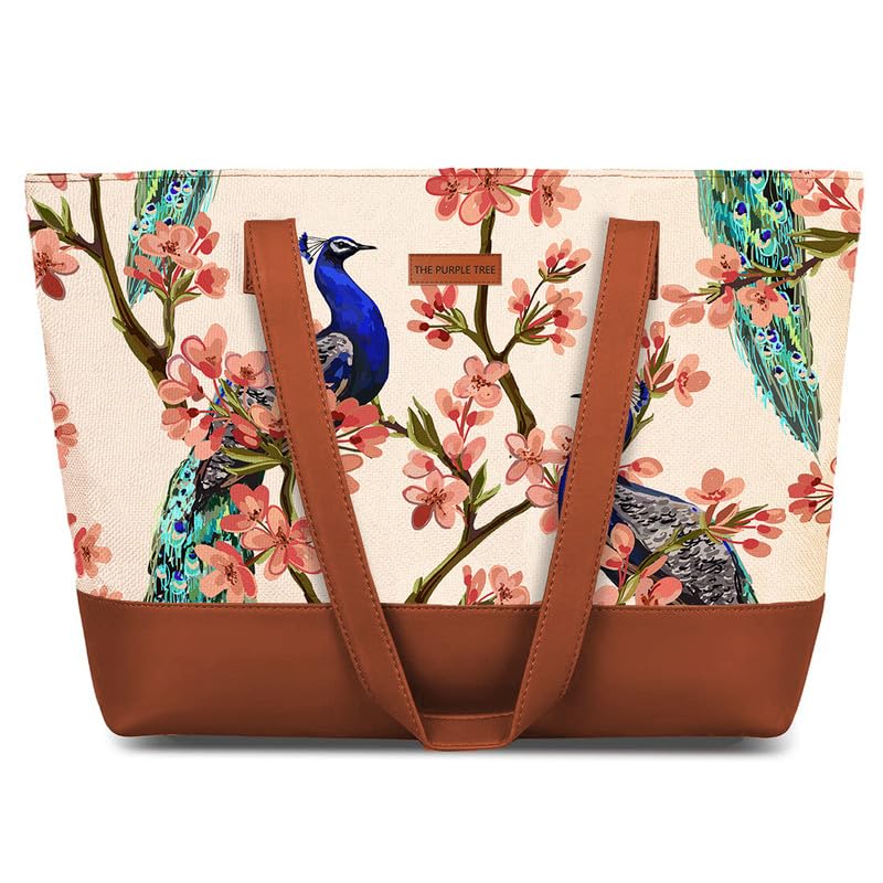 Purple Tree Handcrafted Women's Tote with Vegan Leather Handles, Peacock Shoulder Bag for Office and College, Oversized Tote (Pack of 1)