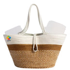 DYARCHY Woven Straw Beach Tote Bag, Cotton Rope Handle with Button Closure (BEIGE BROWN WHITE)