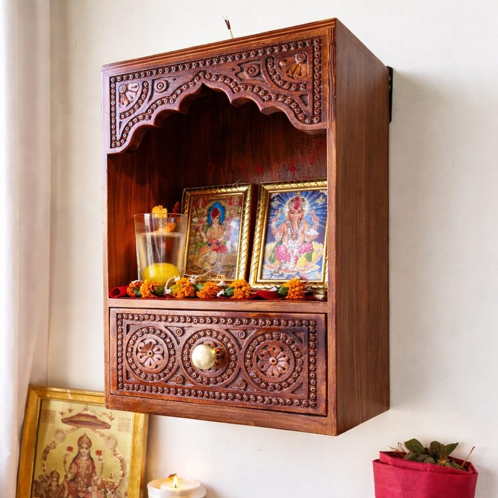 Wooden Wall Mounted Temple for Home, Office and Shop, Hand-Carved with Storage, Small Pooja Mandir