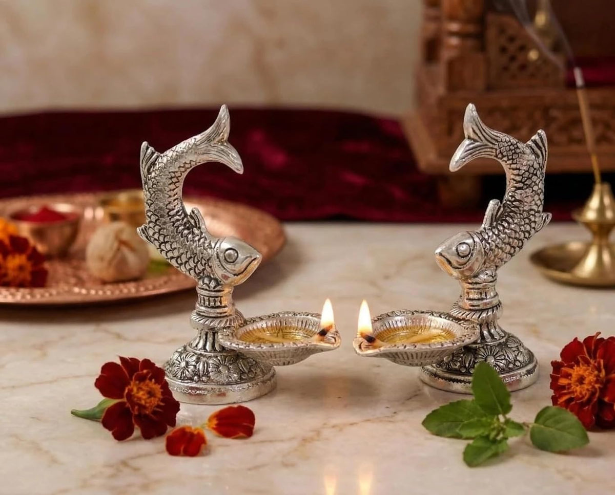 KridayKraft Fish Shaped Diya Set of 2 pcs – Traditional Diya for Puja & Home Decor Aluminium (Pack of 2)