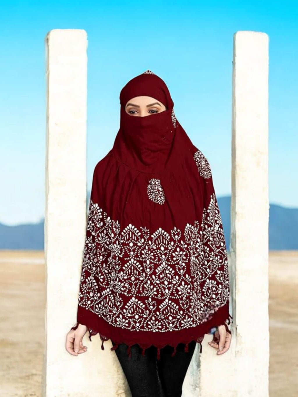 HETVIN Cotton Long Scarf Cum Mask Scarves Usable for Vehicle Driver | White Printed Design Fabric | Universal Size | Soft & Breathable Sun Protection | For Girl & Women (Wax Batik - Maroon)