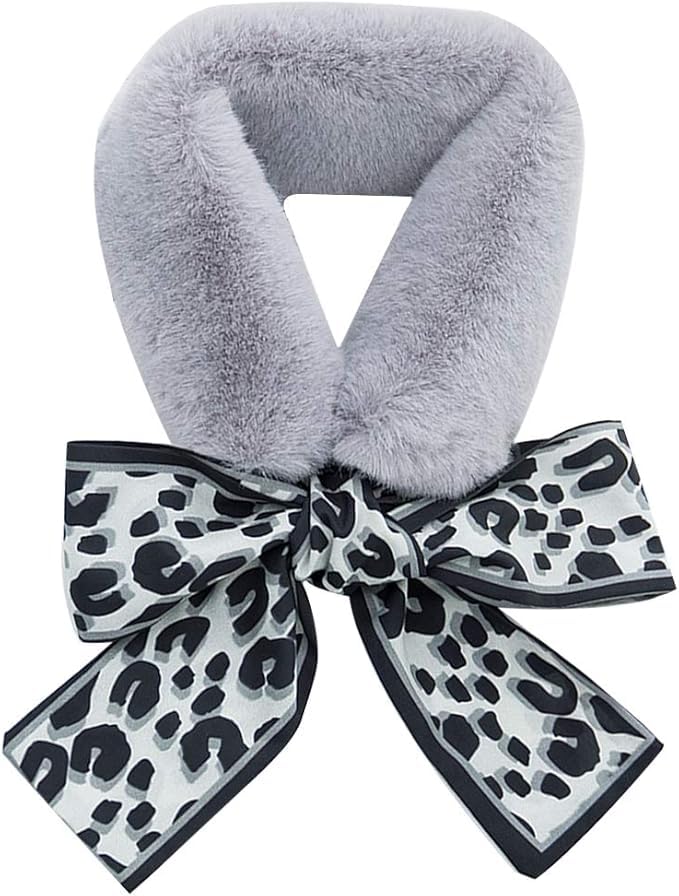 THE DDS STORE Winter Women Faux Fur Collar Leopard Print Scarves Plush Wrap Korea Bow Tie Neck Warmer Formal Party Shawl (Grey)