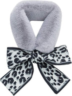 THE DDS STORE Winter Women Faux Fur Collar Leopard Print Scarves Plush Wrap Korea Bow Tie Neck Warmer Formal Party Shawl (Grey)